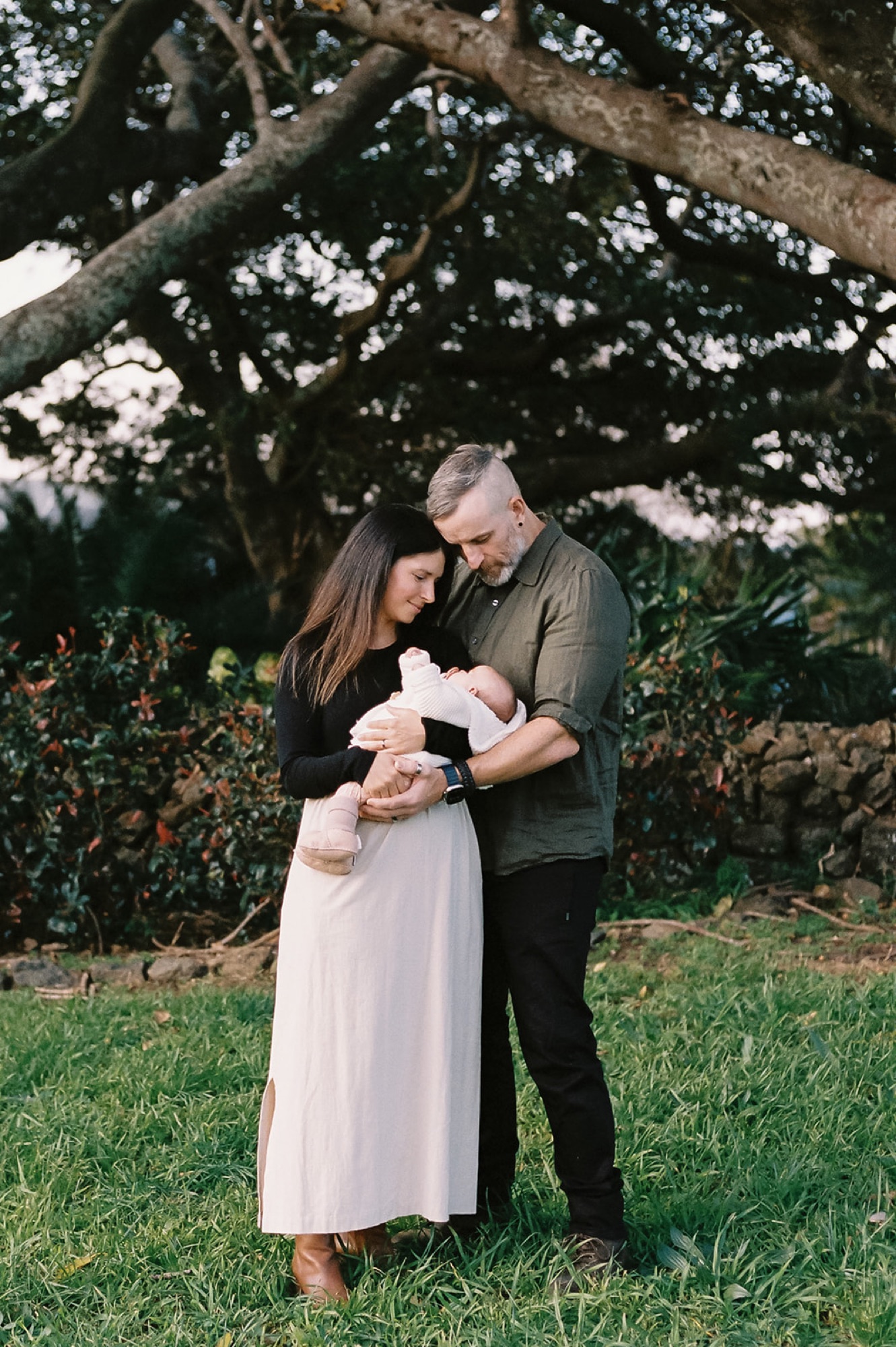 A mum and dad cuddling their newborn under a coastal tree